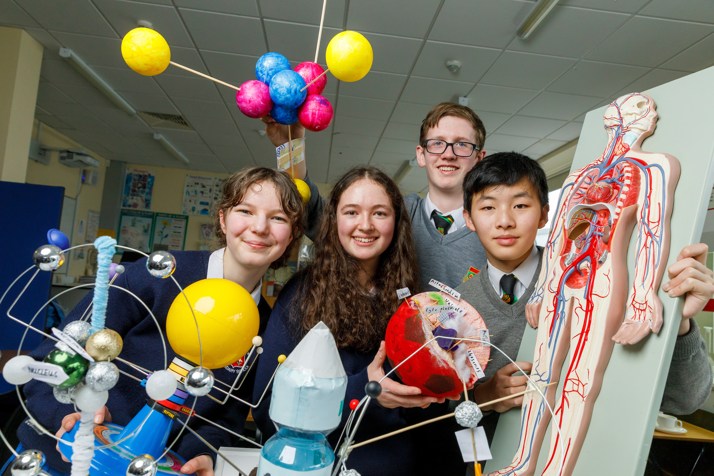 Jenna O’Leary and Kate Byrne from St Raphaela’s Secondary School, with Eoghan Larkin and Freeman Chu from Oatlands College