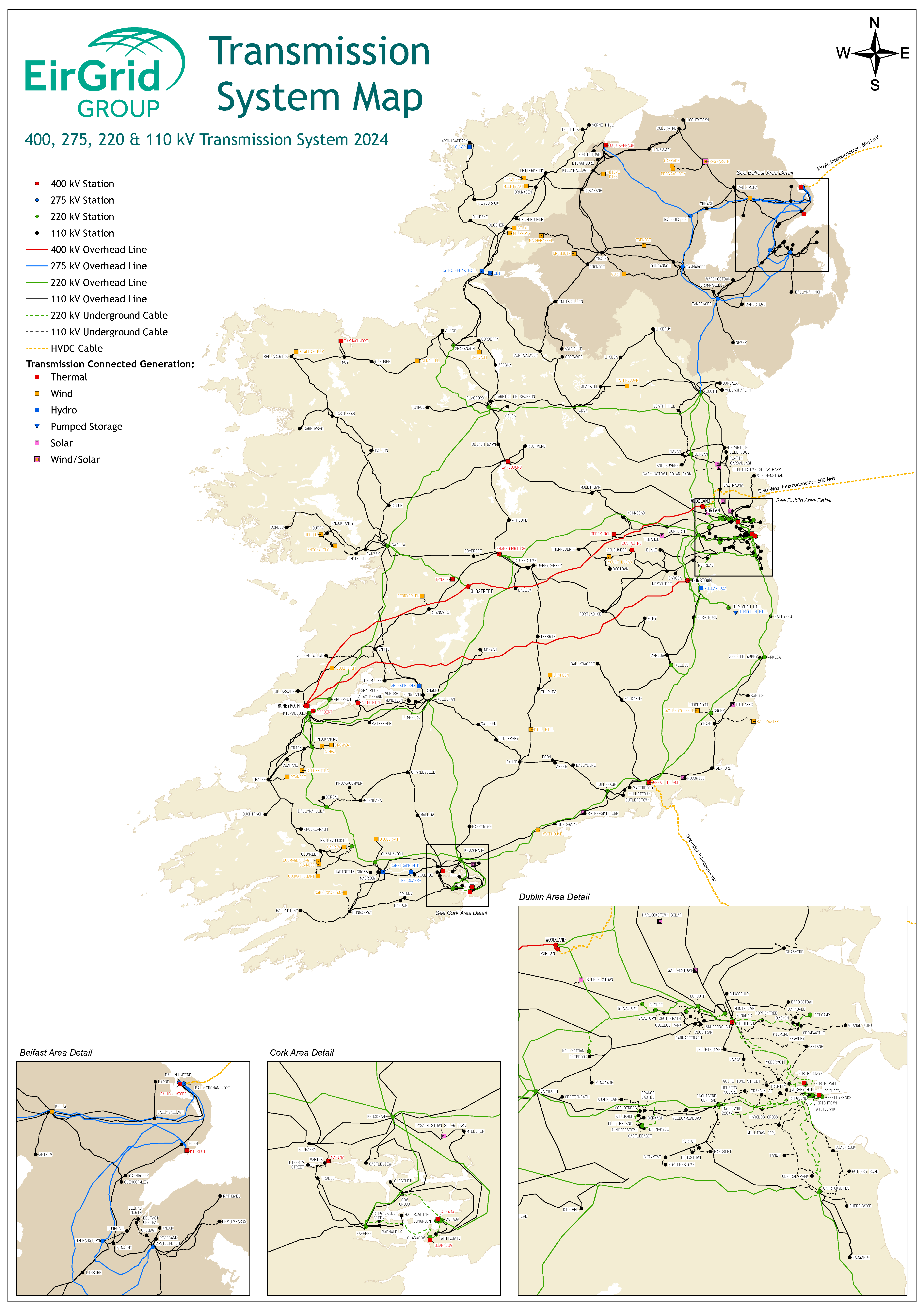 A map showing the transmission system as of December 2024